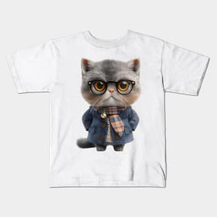 Cute Cat Winter Look Big Eyes With Glasses Kids T-Shirt